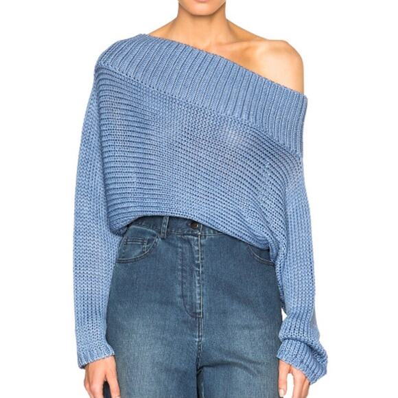 Tibi XS Womens Off Shoulder Silk Cropped Sweater Morning Blue Knit